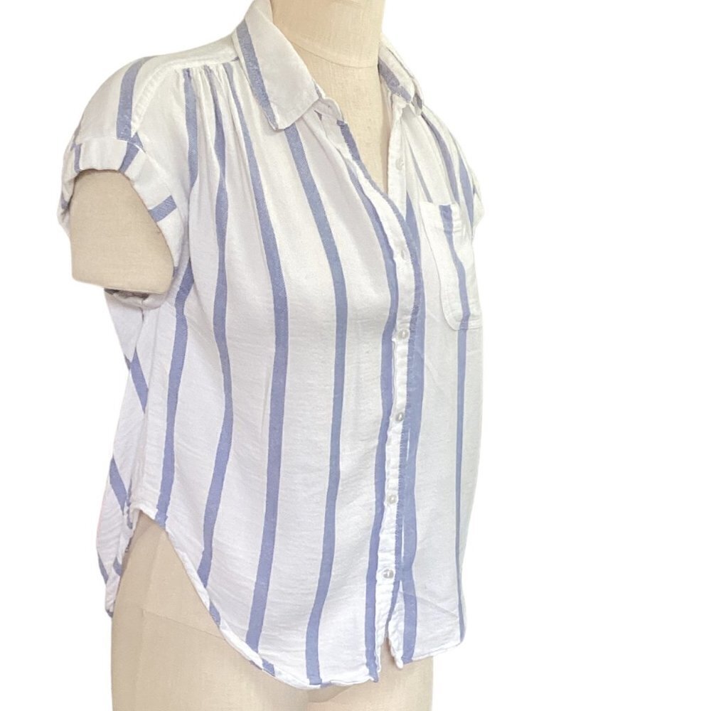Japna Short Sleeve Button-Up Striped Shirt Cotton Rayon Sz S Blue & White 72L - Picture 3 of 7